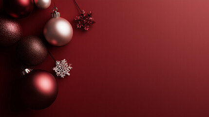 Red background with Christmas ornaments in one corner, large empty copy space, modern and minimalistic holiday design