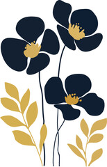 Elegant navy blue flowers with gold leaves. Minimalist vector illustration suitable for modern wall art, luxury branding, wedding invitations, and trendy textile patterns.