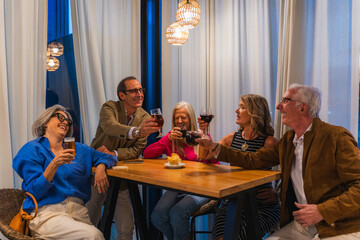 Group of happy senior friends toasting beverages, enjoying a social gathering