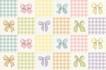 hounds tooth seamless patchwork pattern bow ribbon. Tartan check for tablecloths, napkins, clothes, packaging. Cute childish vector background, pastel palette, girlish
