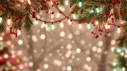 Ultra realistic Christmas background with Christmas lights, Red Christmas tree decorated with festive ornaments for the holiday season