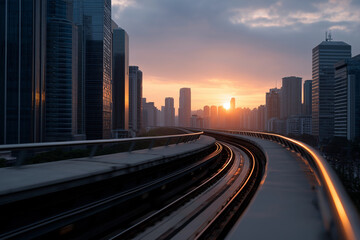 Fototapeta premium A captivating image of urban train tracks curving towards a vivid sunset, illustrating city life and the beauty of modern architecture against a stunning skyline.