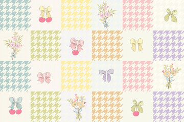 hounds tooth seamless patchwork pattern bow and cherry berries. Tartan check for tablecloths, napkins, clothes, packaging. Cute childish vector background, pastel palette, girlish