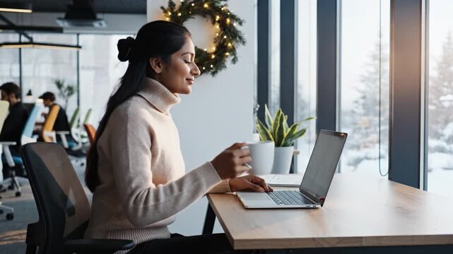 Young Indian woman works on a laptop and drinks coffee in a modern office with winter views. Ideal for business, remote work, and holiday season concepts.
