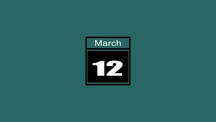 Calendar showing March 12 on a teal Generate title without using the word "Title:" before it. background with a black and white date display twelve