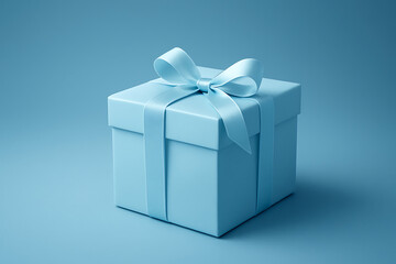 Obraz premium Minimalistic light blue square gift box wrapped with a matching satin ribbon and bow on a mono background mockup