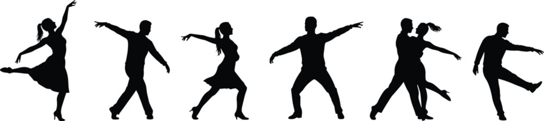 Silhouette of dancing people, man and woman performing, energetic dance poses, expressive movements, ballroom and modern style, isolated on white background, dance motion collection.