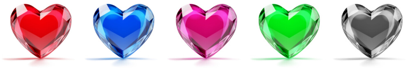 Five heart-shaped gems with bright colors and sharp facets, casting subtle shadows on white background.