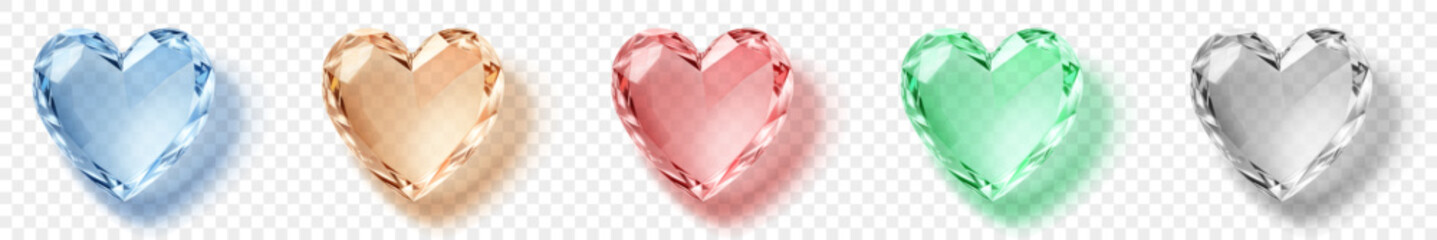 Translucent hearts in various colors with faceted surfaces and soft shadows on a transparent background. Transparency only in vector format.