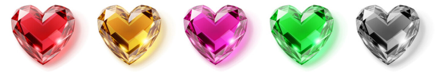 Heart-shaped gems in red, orange, pink, green, and gray, with faceted surfaces and subtle shadows, on a white background.