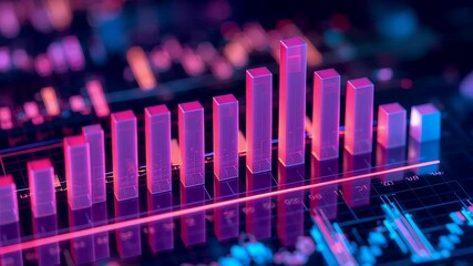 Glowing Pink 3D Bar Chart Rising Over Illuminated Financial Data Dashboard Background - Powered by Adobe
