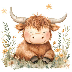 Watercolor Highland cow . Perfect for adding a rustic yet whimsical touch to your designs. ideal for greeting cards, invitations, nursery art, and other creative projects