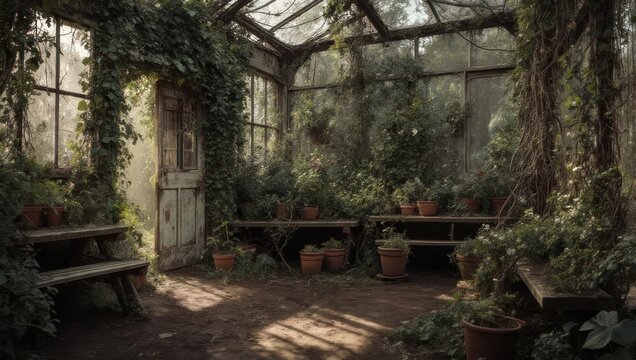 Sunlit interior of an old rustic greenhouse filled with plants.