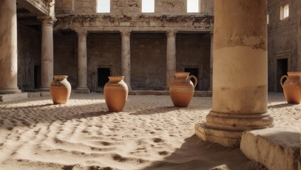 Ancient courtyard with columns and pottery in sandy setting.