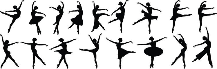 Silhouette collection of ballerinas in elegant dancing poses, black vector illustrations of female ballet dancers in motion, graceful performance design for artistic decoration