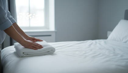 ミニマリストのベッドで白い洗濯物を畳む日本人の手元 整える