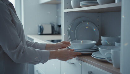 ミニマリストの白い食器を整理する日本人の手元 キッチン収納