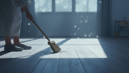 天然素材のほうきで木の床を掃く日本人の手元 丁寧な掃除