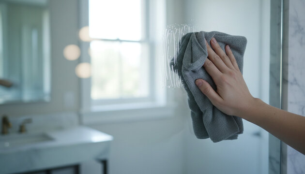 浴室の鏡を拭く日本人の手元 曇りなし