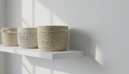 清潔な棚に置かれたミニマルな編み込み収納バスケット かご