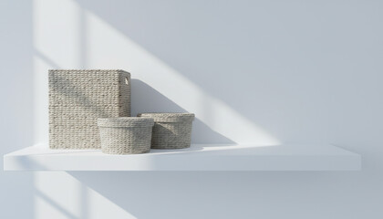 清潔な棚に置かれたミニマルな編み込み収納バスケット 整理箱