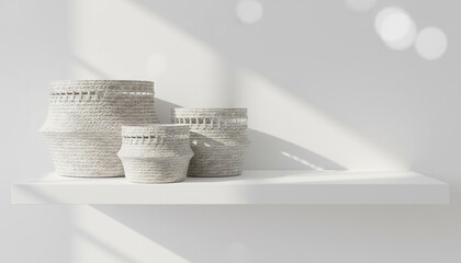 清潔な棚に置かれたミニマルな編み込み収納バスケット 隠す収納