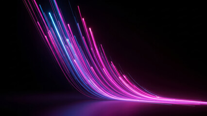 Abstract neon light trails flowing downwards on a dark background