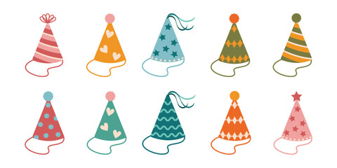 Birthday Party Hat Set Isolated on White Background, Cute Vector Party Cones, Christmas Cap Collection