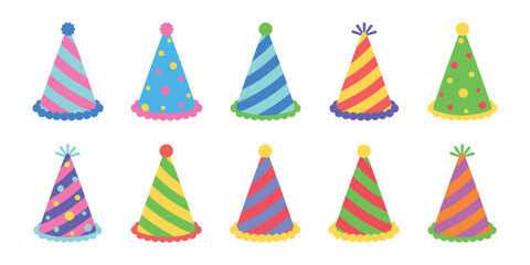 Colorful Party Hats and Christmas Caps for Birthday, Celebration, Festive Events, Holiday Parties, Anniversary, Gatherings, Joyful and Fun Party Accessories Illustration Vector Design
