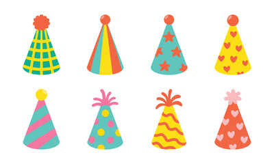 Set of cute colorful birthday party hats vector illustration. Collection of festive caps with different patterns isolated on white background