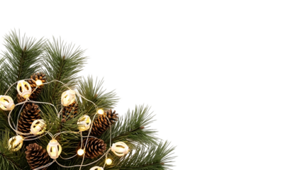 A festive corner decoration featuring pine branches, pine cones, and illuminated string lights