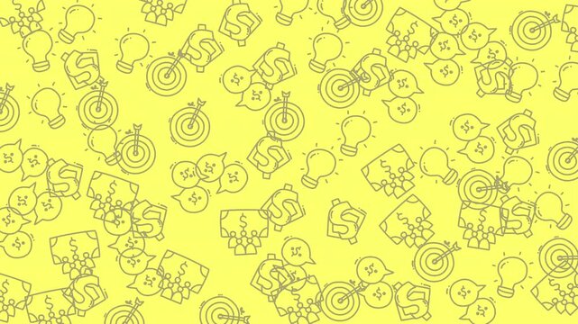 Seamless yellow background with animated business outline icons loop.