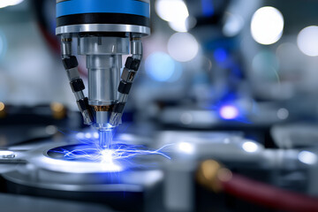 A cutting-edge laser engraver emits energy, showcasing advanced manufacturing technology at work, symbolizing innovation and precision in modern production processes.