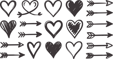 Hand drawn black hearts and arrows set handdrawn love