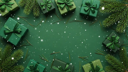Green Gift Boxes Surrounded by Pine, Holiday Theme, Cozy Setting, Aerial View, Seasonal Celebration