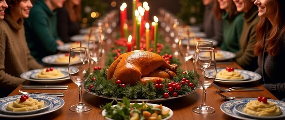 Roasted turkey centerpiece on wooden dining table with candles, pine, and berries surrounded by happy family for Christmas or Thanksgiving celebration