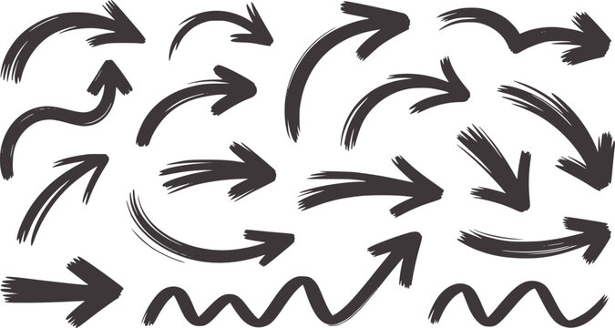 Handdrawn black brush arrows in dynamic styles and directions