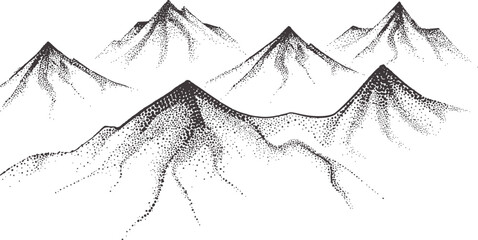Monochrome dotwork mountain range in black and white