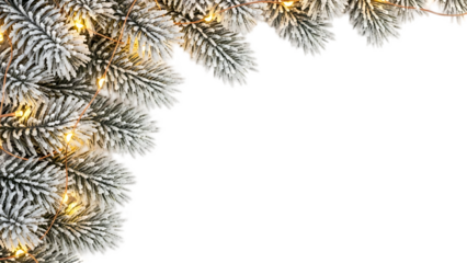 Frosted christmas tree branch border with fairy lights on a dark background