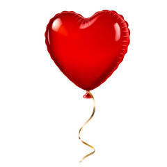 Red heart-shaped balloon with shiny surface and gold ribbon against white background.