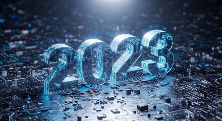 Glowing blue digital number 2023 rendered on a dark, futuristic circuit board background representing technology and the new year