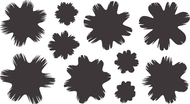 Nine black irregular inkblot shapes white inkblots