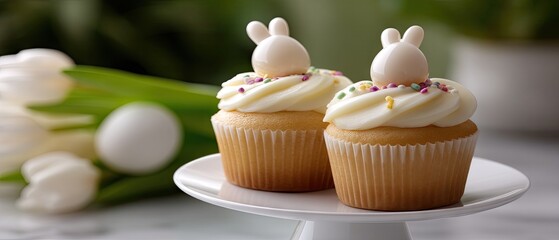 Colorful easter cupcakes adorned with bunny icing and sprinkles on a white stand surrounded by pastel decorations for spring festivities