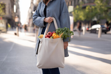 Sustainable daily lifestyle with reusable grocery bag in urban environment