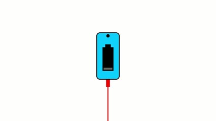 Flat light blue smartphone with Generate title without using the word "Title:" before it. black low battery indicator and red charging cable on white background