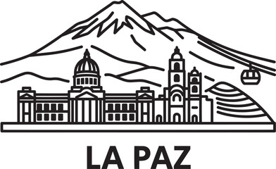 Fototapeta premium La paz bolivia skyline flat line style with famous buildings city line art vector illustration