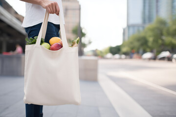 Sustainable daily lifestyle with reusable grocery bag in urban environment