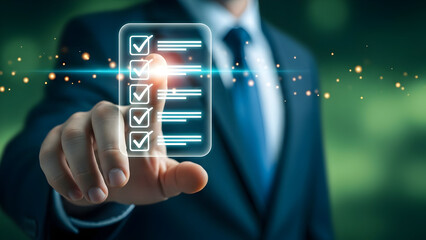 Businessman interacting with virtual checklist on mobile device screen