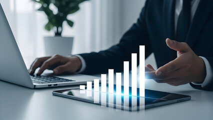 Businessman analyzing data on laptop and smartphone