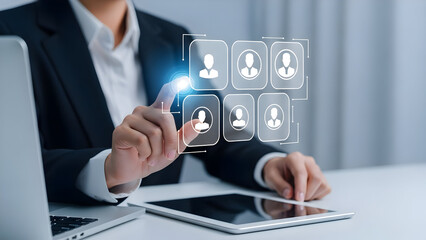 Businesswoman interacting with digital interface and human profiles